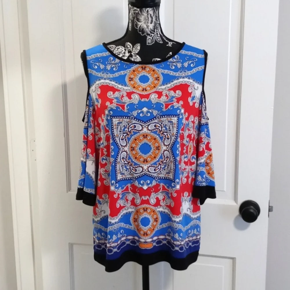 💋Susan Graver💋 - Multicolor Mandala Print Cold Shoulder Top